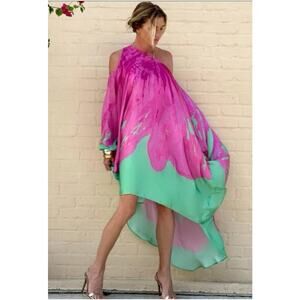 Ramona LaRue RiRi Kaftan Dress Womens OS Magenta Green Hibiscus Silky Boho